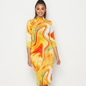 Women's Yellow 3/4 Sleeve Mock Neck Abstract Swirl Midi Dress